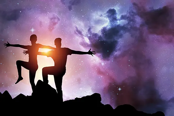 people meditating with abstract background full shot copia